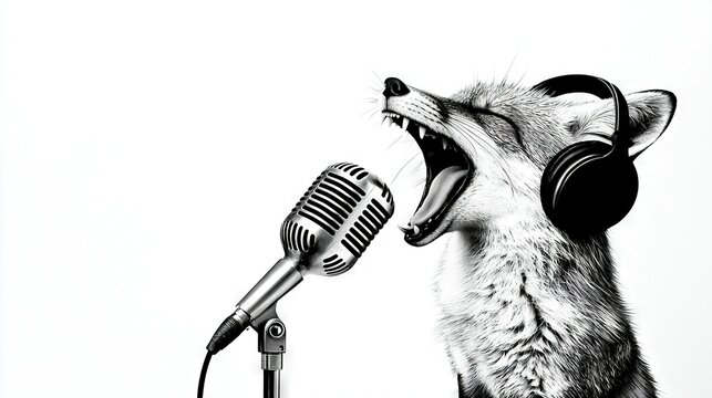   A picture of a feline wearing headphones and holding a microphone in front of its open mouth