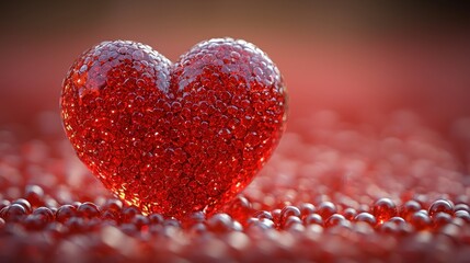 Fototapeta premium Red heart object sits on small red spheres, blurred background, holiday use.