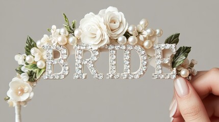 the word "Bride" made out of pearls and crystals, on top of an elegant white headband decorated with flowers and greenery. Hen Party concept