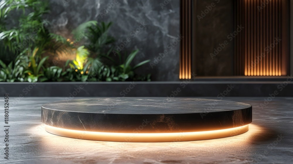 Poster empty illuminated round podium displaying products in luxury spa