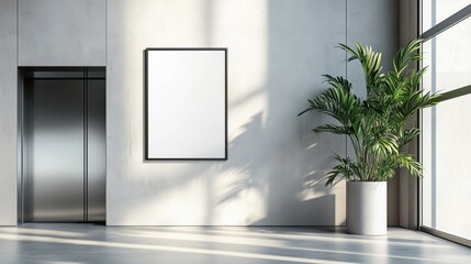 White blank digital advertising screen near an elevator with stainless steel door, a blank white billboard on white wall