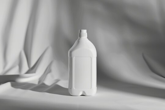 White plastic bottle with blank label standing on white background with elegant shadows from sunlight, perfect for showcasing your product design