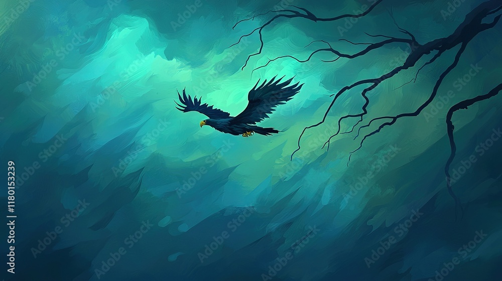 Poster a bird soars through the sky with a tree branch in the foreground and a blue backdrop
