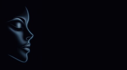 Black woman face silhouette banner, copy space on black background