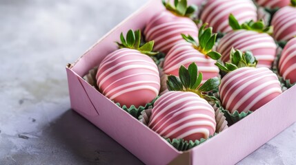 Fototapeta premium A photo of pink and white striped, chocolate-covered strawberries in an open gift box, with some green leaves inside the strawberries. 
