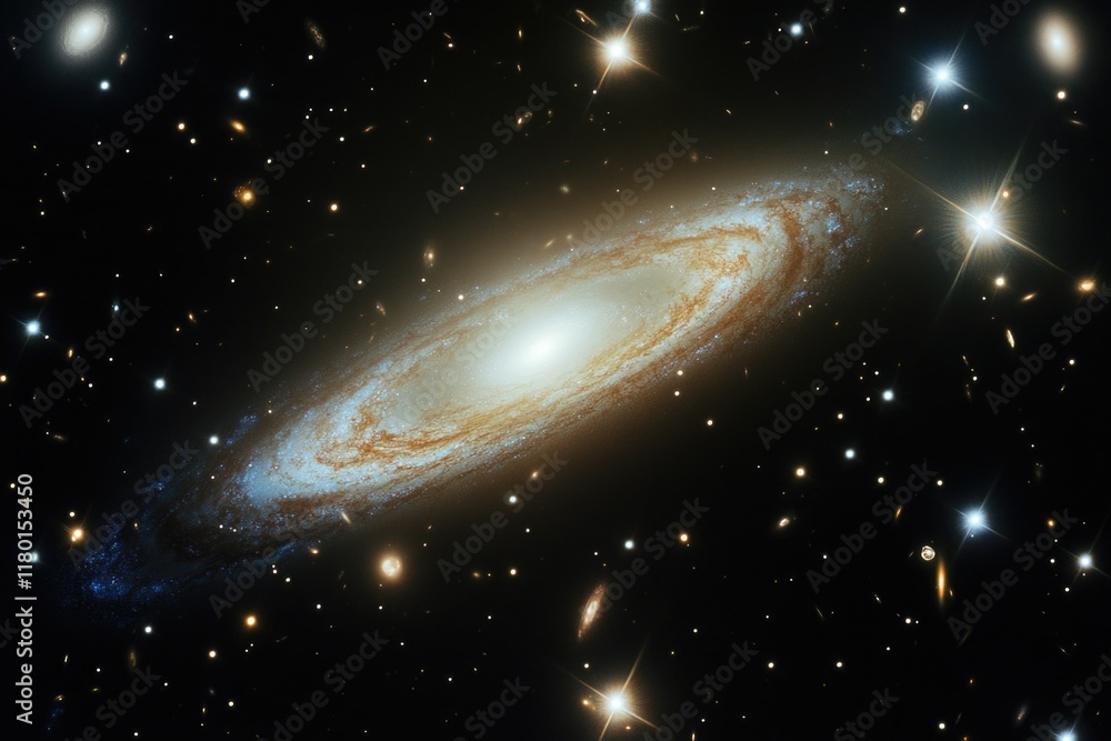 Poster a photo of a spiral galaxy with many stars in the background, ideal for use in designs about space, 