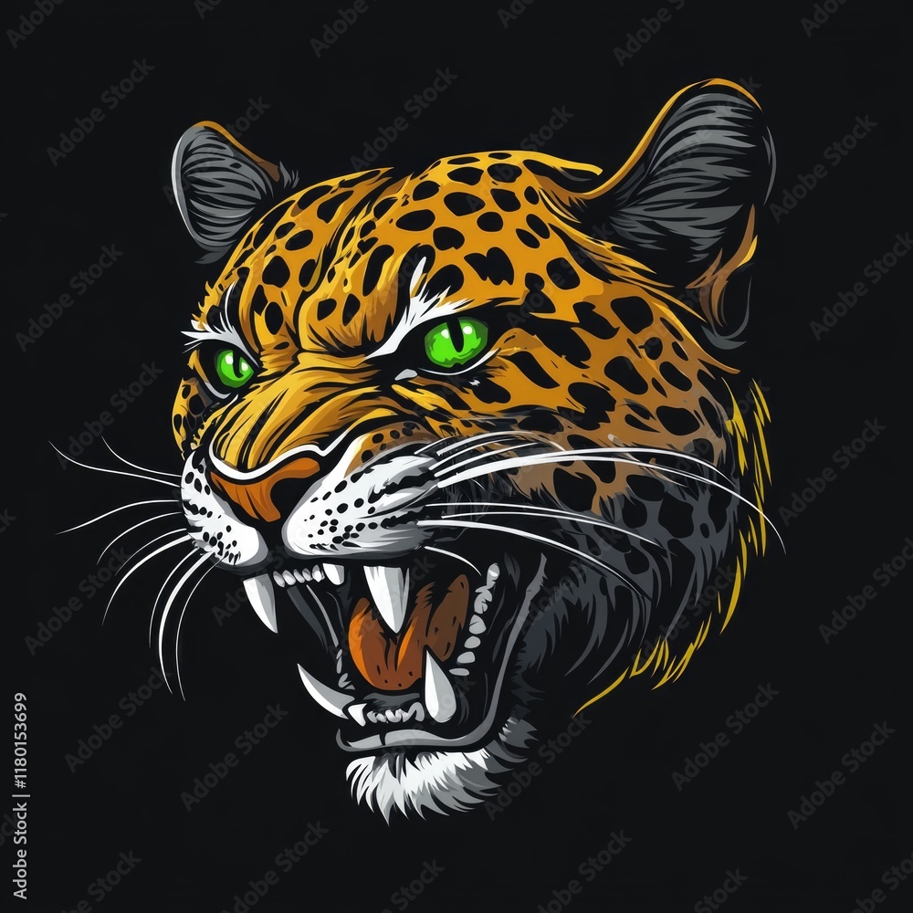 Poster close-up of a leopard's face with striking green eyes against a dark background