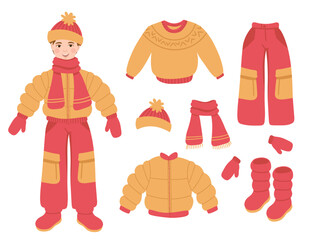 Young girl dressed in winter clothes for skiing or active walks. A set of warm outfit, a sweater, a jacket, a scarf, a hat, mittens, boots, trousers  in minimalistic simple flat style.