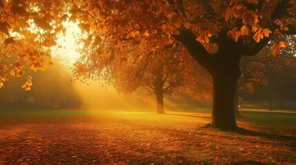 Majestic golden autumn sunset over a tranquil park with colorful trees