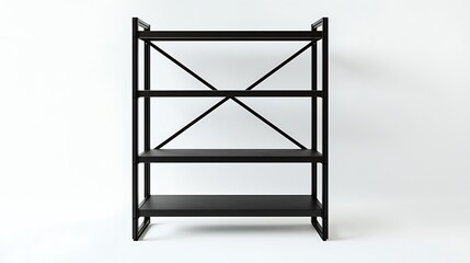 A black metal shelf with three shelves and an x shaped design