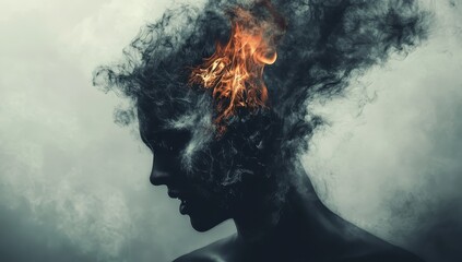 A persons head in smoke, representing the lost memories emotional heartbreak. The background is an abstract representation of fire or flames, symbolizing passion but also unencumbered by fear. 