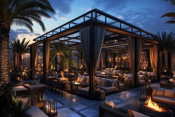 Fototapeta premium Luxury rooftop restaurant with ocean view in tropical paradise: exotic cocktails and delicious food