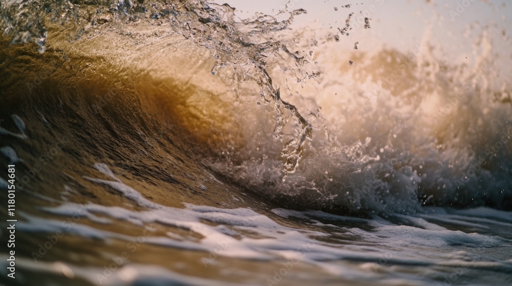 Poster a powerful wave crashes into the ocean's surface, creating a misty veil and foamy whitecaps