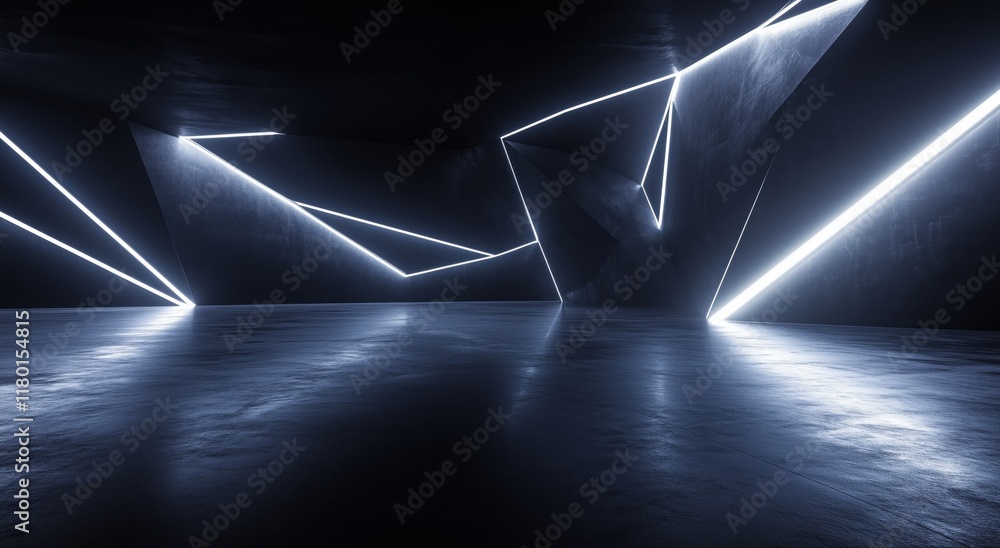 Poster abstract black background with glowing neon geometric shapes and intersecting lines
