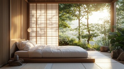 Fototapeta premium Minimalist Japanese bedroom with tatami mats and shoji screen