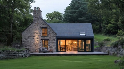 Contemporary glass extension on a rustic welsh stone cottage: architectural harmony in the welsh countryside