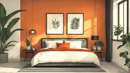 Minimalist bedroom floor plan with key elements emphasized aesthetically