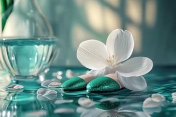 Elegant green shoes with a flower and water in a serene setting