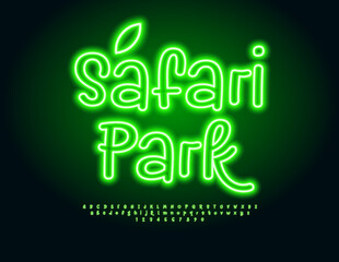 Vector recreational banner Safari Park with decorative Leaf. Green Neon Font. Glowing set of Alphabet Letters and Numbers