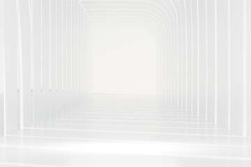 White podium pedestal on Sci-fi background with geometric shapes circle on one white floor and wall the platform for product presentation minimal style, copy space, abstract podium. 3d render.