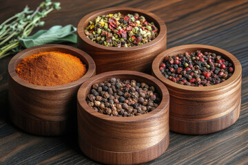Spices, seasonings and fresh fragrant herbs in wooden bowls on a dark table. Generated AI