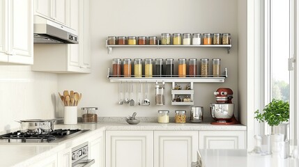 Modern kitchen with organized spice jars and cooking utensils.