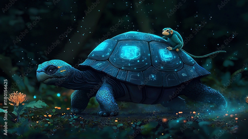 Poster a monkey atop a tortoise shell with another monkey seated on top