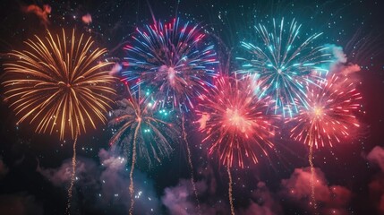 Fototapeta premium Colorful Fireworks Exploding in the Night Sky for Celebration, Generative AI