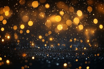 Twinkling stars and raindrops create a magical rain of golden lights against a dark background. Generative AI