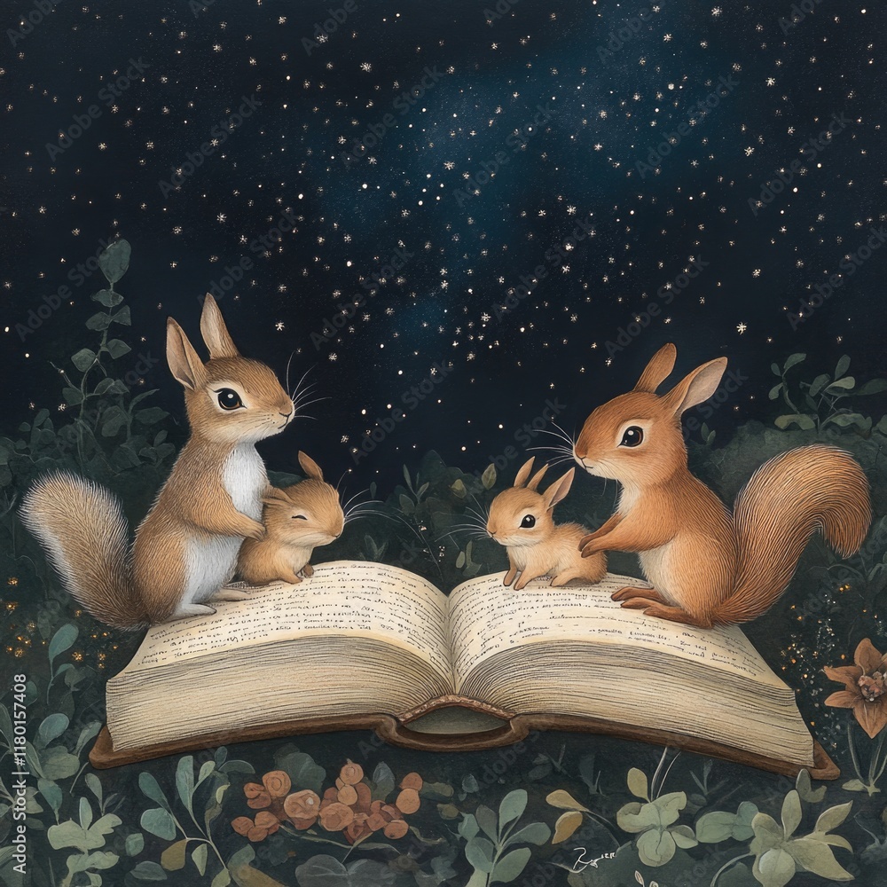 Poster two squirrels perched on an open book, surrounded by nature