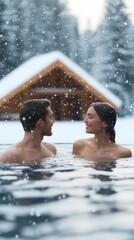 Obraz premium A charming Valentines Day hot tub setting in a Canadian chalet with a couple relaxing in warm bubbling water while snow falls softly around them 