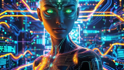 A Futuristic, Vibrant Female Silhouette Standing Boldly: A Dynamic and Striking Representation of Strength, Empowerment, and Innovation, Illuminated by Bold Colors and Modern Energy