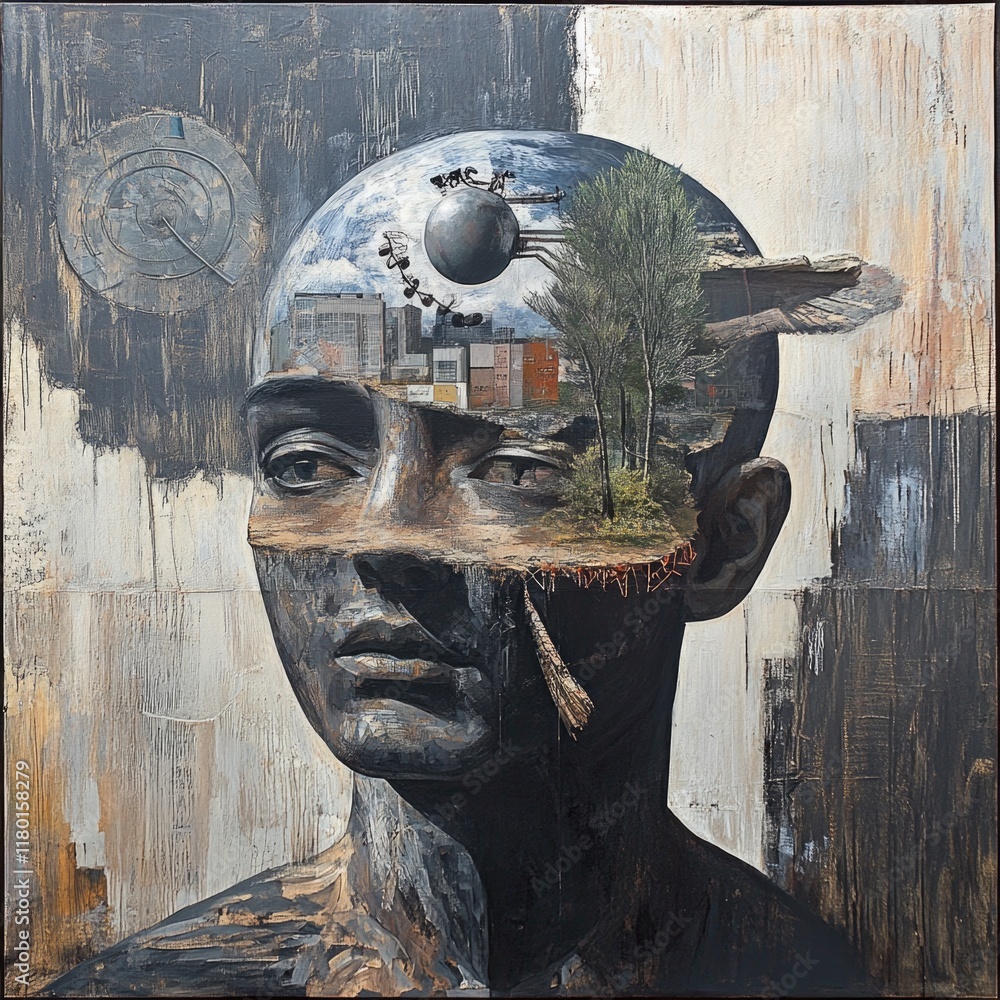 Poster a surreal image of a man's head with a tree growing out of it, suitable for use in illustrations or 