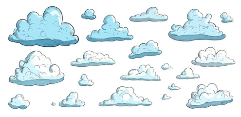 Whimsical cartoon clouds with playful designs, fluffy cumulus shapes, sketchy outlines, cute characters, cheerful sky patterns, perfect for nursery and weather illustrations.

