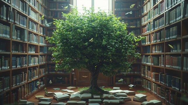 Tree grows in library with books, butterflies, and light. Possible use learning.
