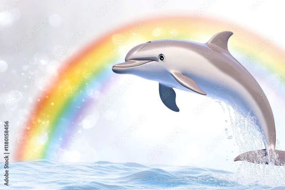 Poster a dolphin jumping out of the water with a rainbow in the background, great for use in aquatic or nat