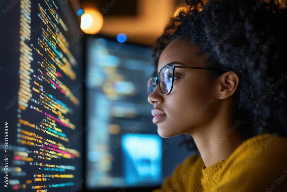 Poster focused woman coding on computer screens in a dimly lit workspace during evening hours