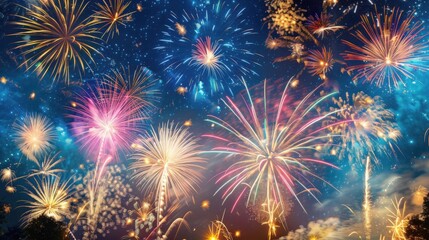 Naklejka premium Colorful Fireworks Exploding in the Night Sky for Celebration, Generative AI