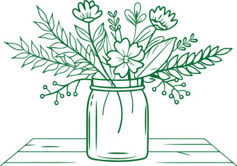 Elegant Mason Jar Filled with Botanical Plants Line Art Illustration