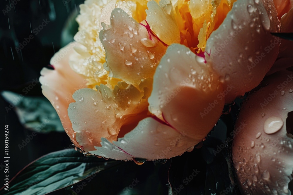 Poster a detailed view of a flower with water droplets on its petals, suitable for use in scientific or edu