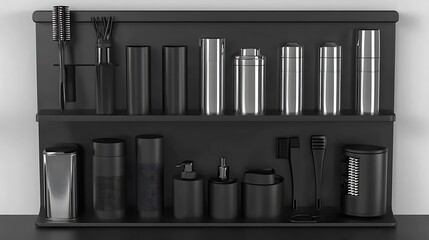 Obraz premium Black bathroom organizer shelf; toiletries, accessories