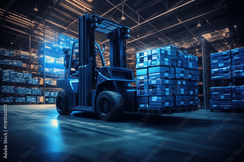 Poster forklift transporting goods in a warehouse using automated storage and retrieval system