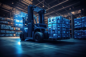 Forklift transporting goods in a warehouse using automated storage and retrieval system
