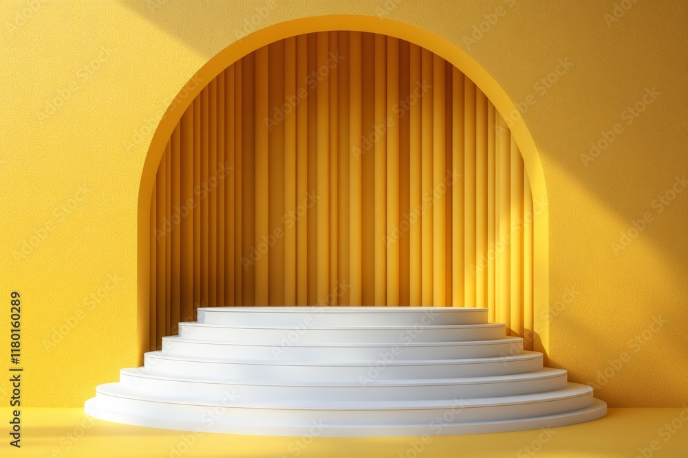 Poster white round stage with yellow arch and vertical background for product presentation