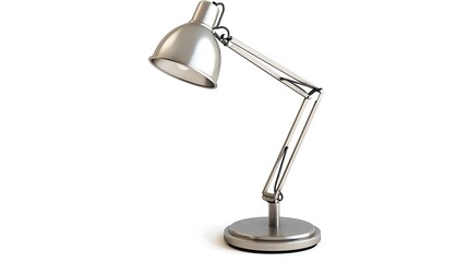 A silver lamp with a white shade is turned on