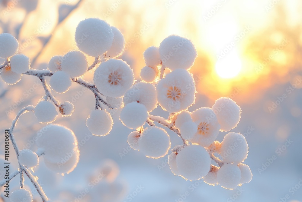 Poster Close-up shot of snowy tree branches with intricate details