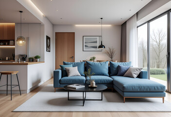 Fototapeta premium Scandinavian interior design of modern living room. Modern blue sofa with cushions