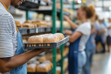 Whole bread assortment displayed in a bustling bakery with staff preparing fresh loaves