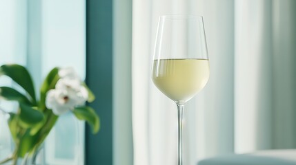   A glass of white wine sits atop a table, next to a vase filled with white blossoms and a potted plant