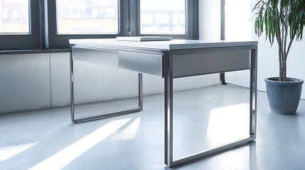 Fototapeta premium A large, modern desk with a potted plant on the right side
